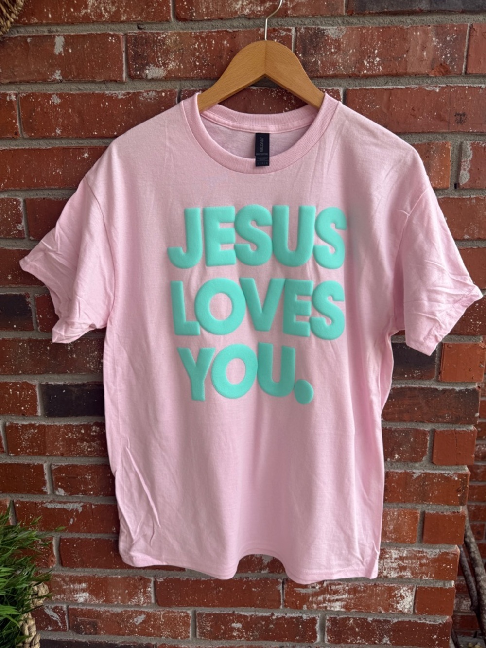 Pink Tee with Mint Puff Lettering - JESUS LOVES YOU